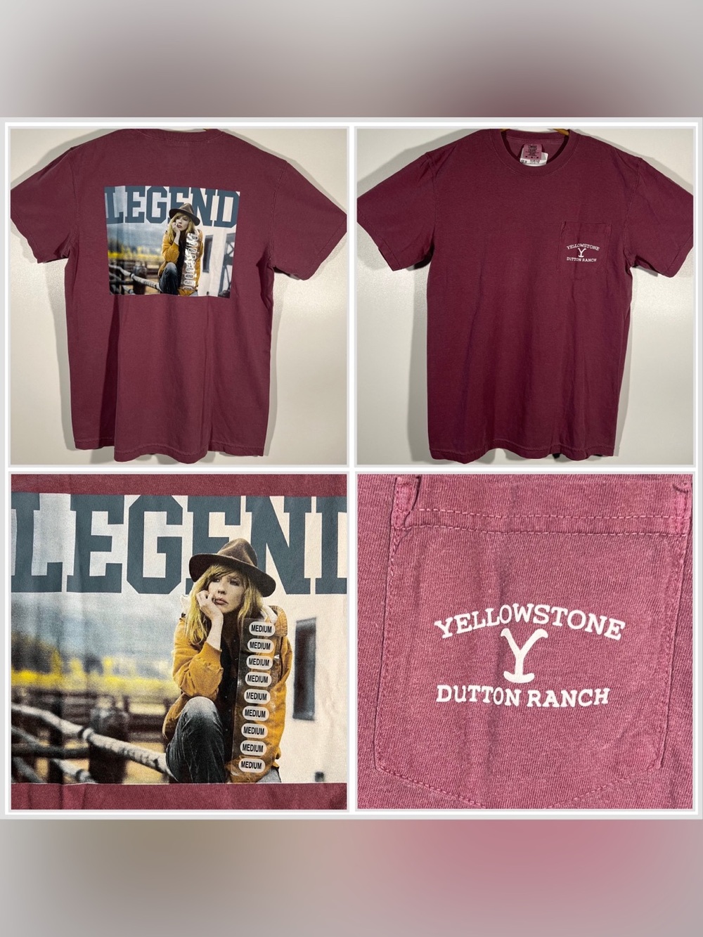 NWT Yellowstone Dutton Ranch Beth Dutton LEGEND Maroon Pocket T Shirt Size M